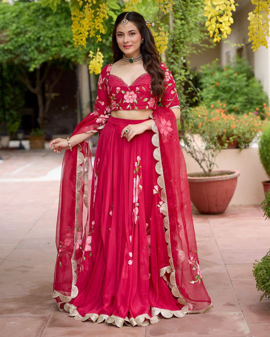 Women’s Fuchsia Red Hand-Painted Floral Lehenga Choli Set with Scalloped Organza Dupatta