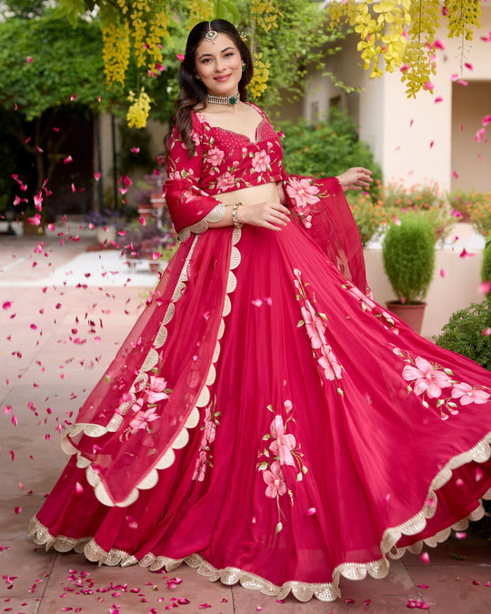 Women’s Fuchsia Red Hand-Painted Floral Lehenga Choli Set with Scalloped Organza Dupatta