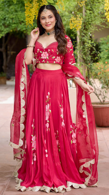 Women’s Fuchsia Red Hand-Painted Floral Lehenga Choli Set with Scalloped Organza Dupatta