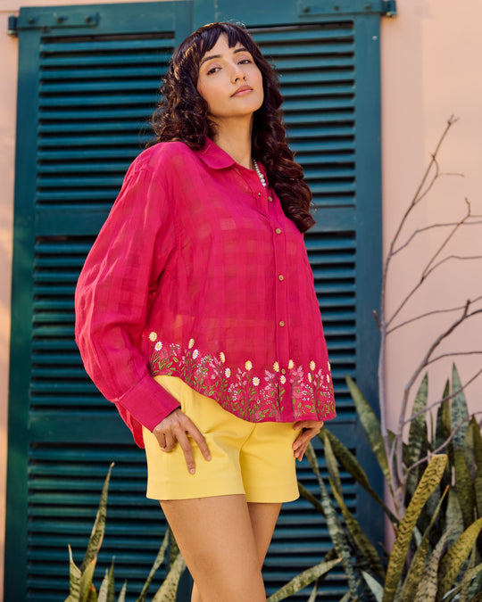 Women’s Fuchsia Pink Hem-Embroidered Oversized Shirt with Yellow Shorts Co-ord Set