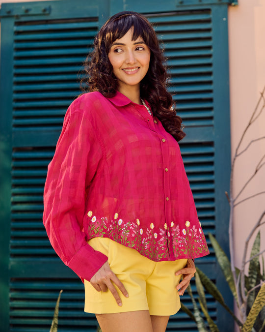 Women’s Fuchsia Pink Hem-Embroidered Oversized Shirt with Yellow Shorts Co-ord Set