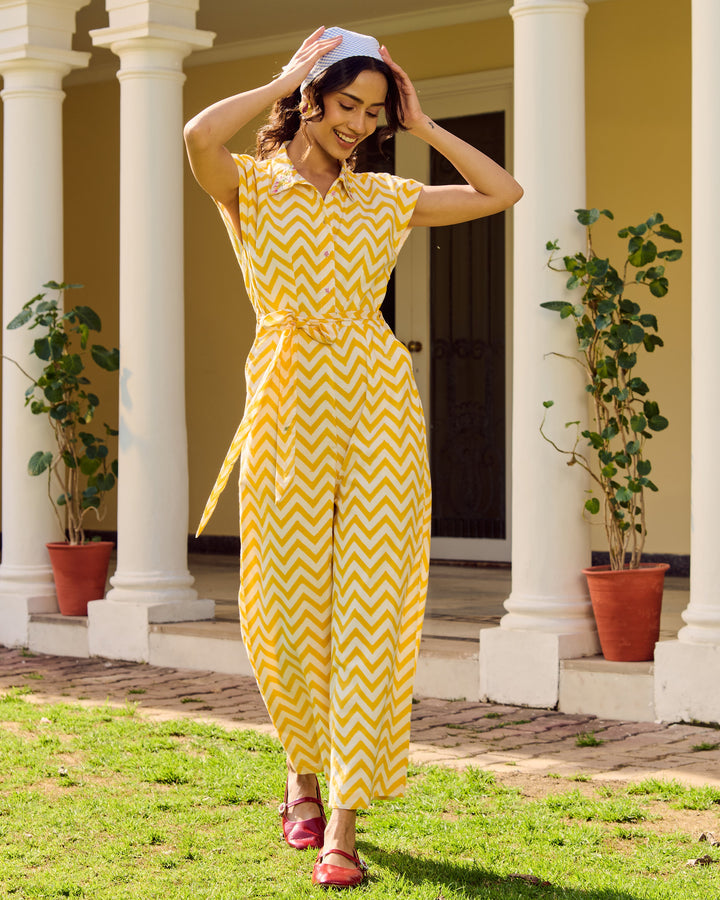 Women’s Bright Yellow Chevron Printed Cotton Jumpsuit with Belt