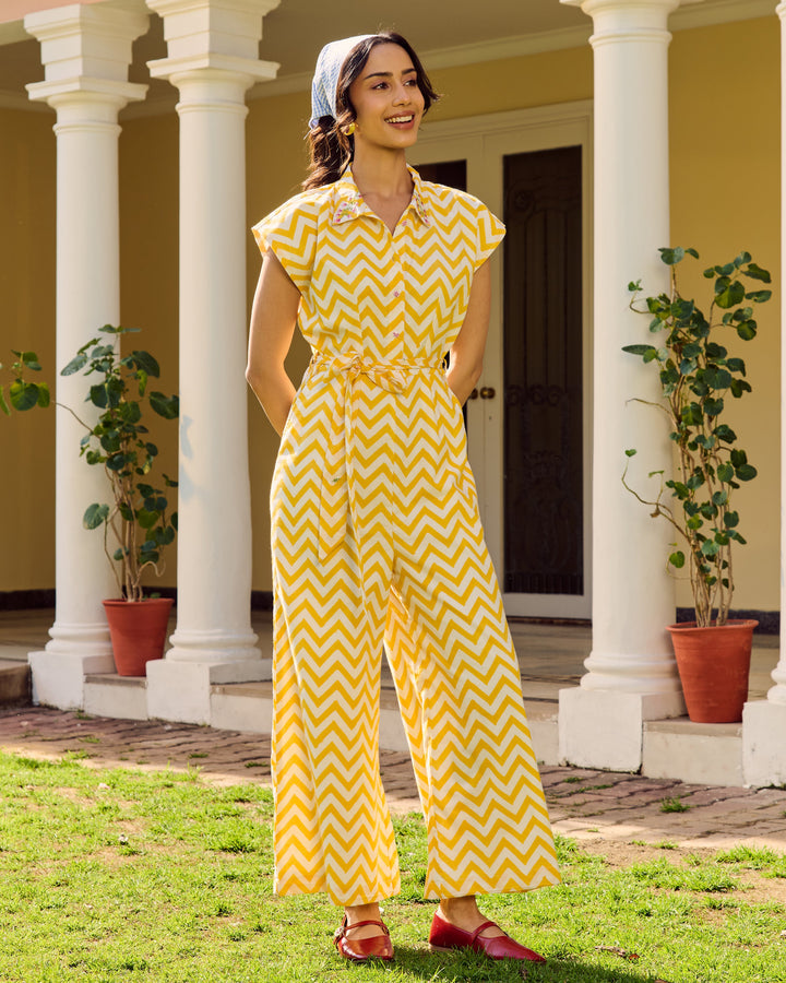 Women’s Bright Yellow Chevron Printed Cotton Jumpsuit with Belt