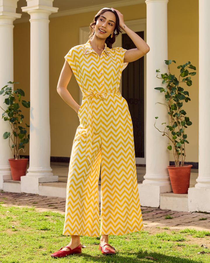 Women’s Bright Yellow Chevron Printed Cotton Jumpsuit with Belt