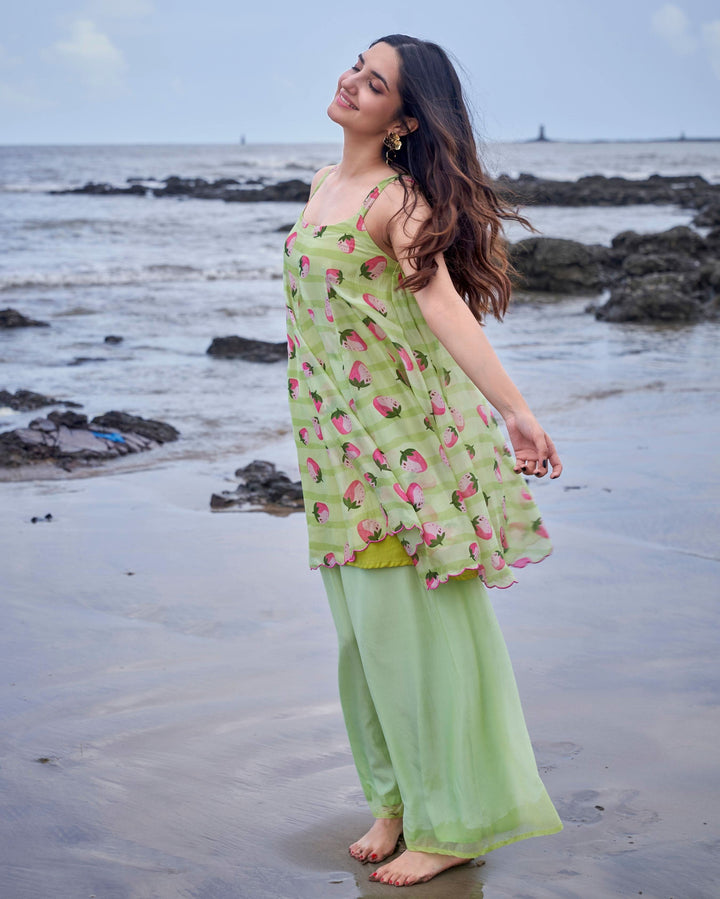 Women’s Lime Green Strawberry Print Flared Tunic with Wide-Leg Pants Set
