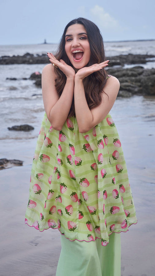 Women’s Lime Green Strawberry Print Flared Tunic with Wide-Leg Pants Set