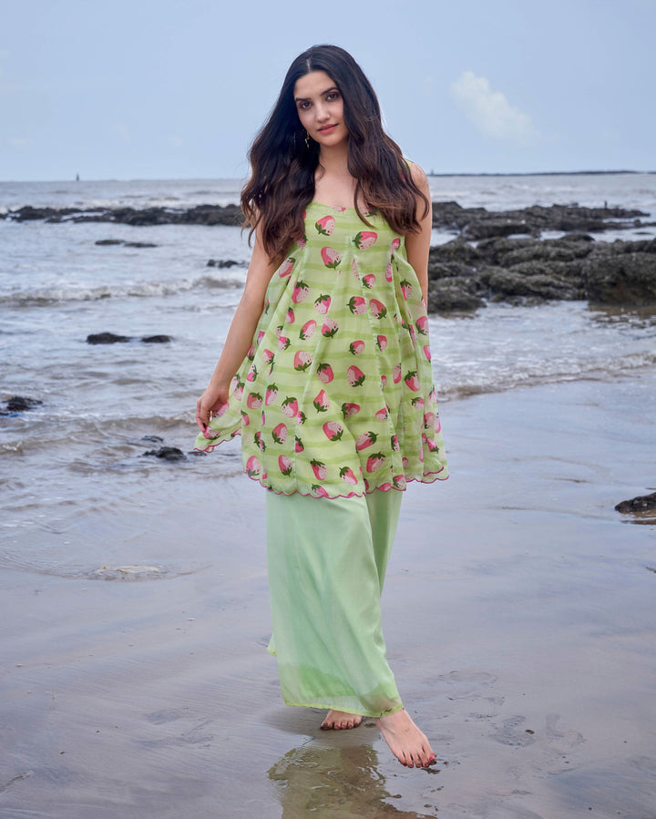 Women’s Lime Green Strawberry Print Flared Tunic with Wide-Leg Pants Set