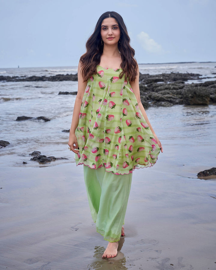 Women’s Lime Green Strawberry Print Flared Tunic with Wide-Leg Pants Set