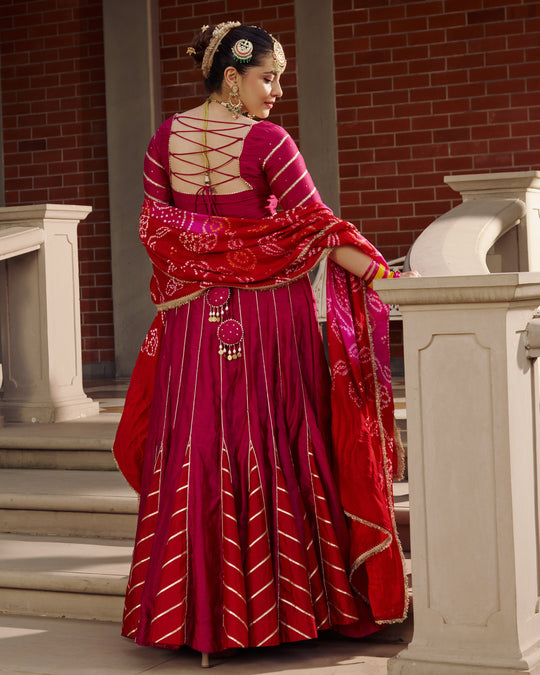 Women’s Magenta Pink Gota Work & Leheriya Panel Lehengas Set with Bandhani Dupatta