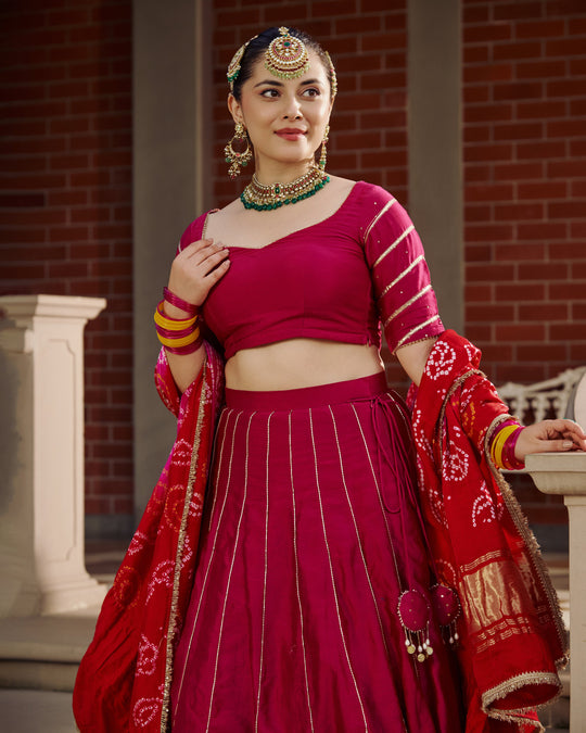Women’s Magenta Pink Gota Work & Leheriya Panel Lehengas Set with Bandhani Dupatta