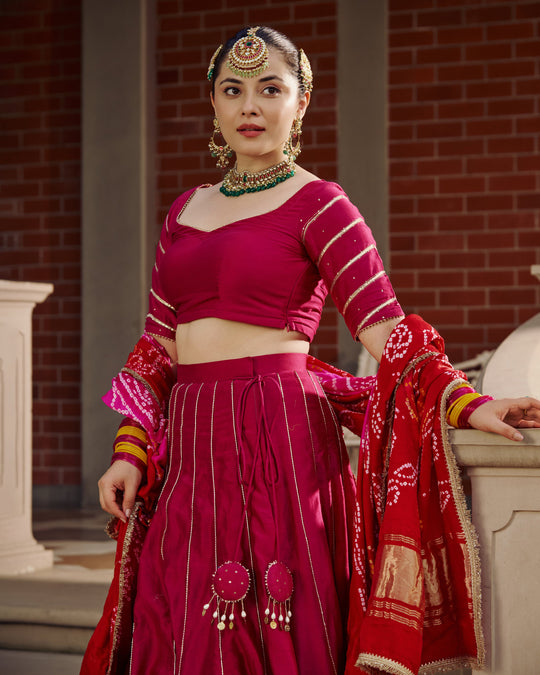 Women’s Magenta Pink Gota Work & Leheriya Panel Lehengas Set with Bandhani Dupatta