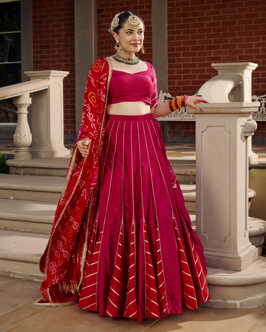 Women’s Magenta Pink Gota Work & Leheriya Panel Lehengas Set with Bandhani Dupatta
