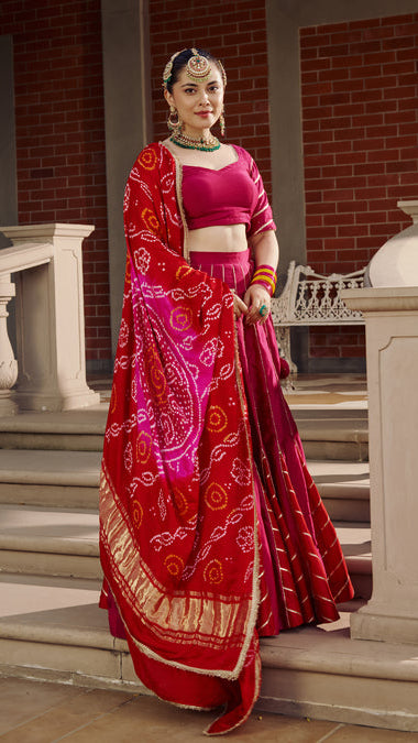 Women’s Magenta Pink Gota Work & Leheriya Panel Lehengas Set with Bandhani Dupatta