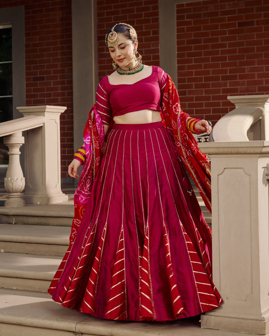 Women’s Magenta Pink Gota Work & Leheriya Panel Lehengas Set with Bandhani Dupatta