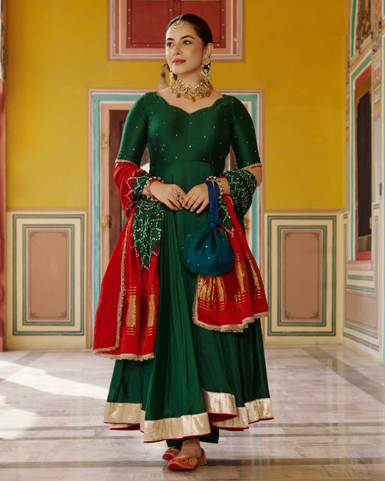 Women’s Bottle Green Silk Anarkali Suit Set with Contrast Red Bandhani & Gold Zari Dupatta