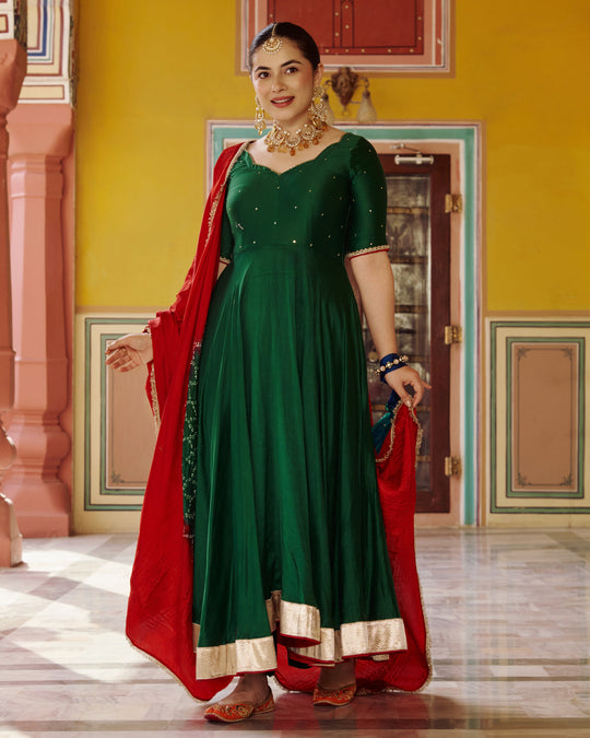 Women’s Bottle Green Silk Anarkali Suit Set with Contrast Red Bandhani & Gold Zari Dupatta