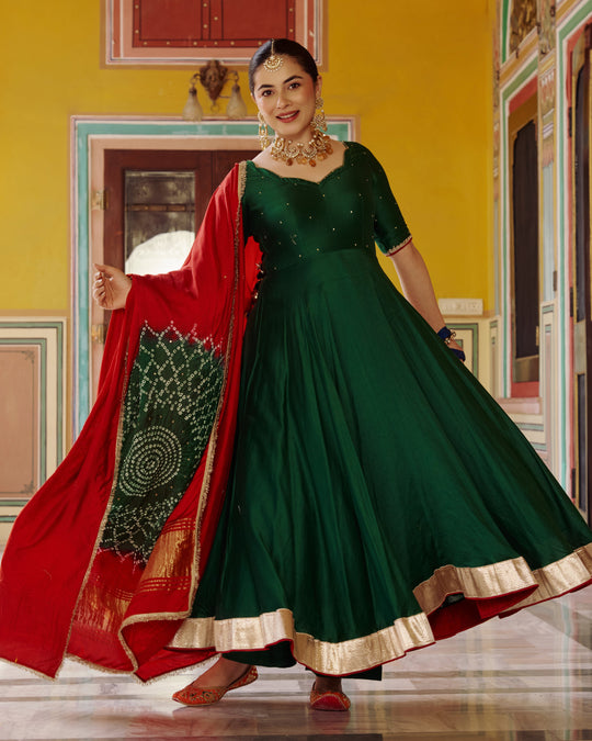Women’s Bottle Green Silk Anarkali Suit Set with Contrast Red Bandhani & Gold Zari Dupatta