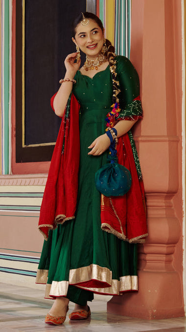 Women’s Bottle Green Silk Anarkali Suit Set with Contrast Red Bandhani & Gold Zari Dupatta