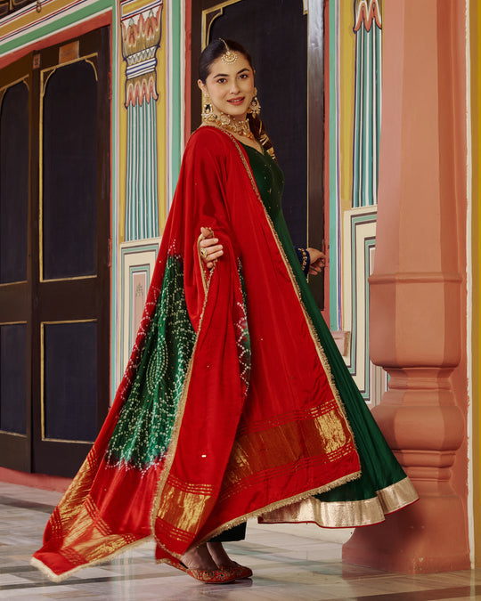 Women’s Bottle Green Silk Anarkali Suit Set with Contrast Red Bandhani & Gold Zari Dupatta