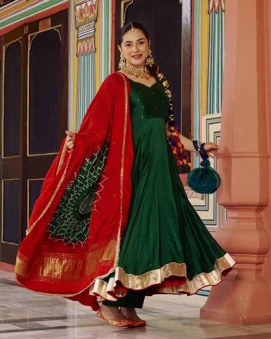 Women’s Bottle Green Silk Anarkali Suit Set with Contrast Red Bandhani & Gold Zari Dupatta