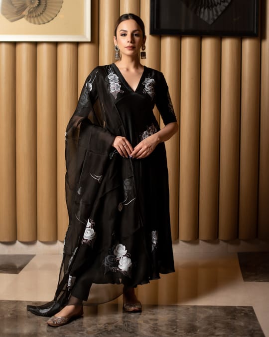 Women’s Jet Black Silk Anarkali Suit Set with Floral Hand-Painted Organza Dupatta