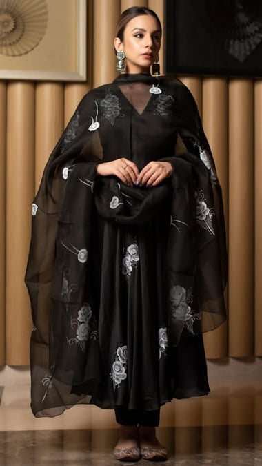 Women’s Jet Black Silk Anarkali Suit Set with Floral Hand-Painted Organza Dupatta