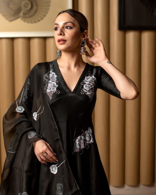 Women’s Jet Black Silk Anarkali Suit Set with Floral Hand-Painted Organza Dupatta