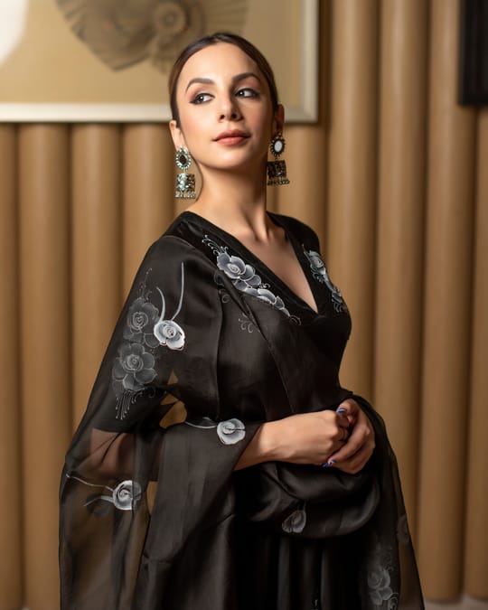 Women’s Jet Black Silk Anarkali Suit Set with Floral Hand-Painted Organza Dupatta