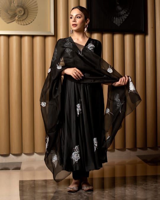 Women’s Jet Black Silk Anarkali Suit Set with Floral Hand-Painted Organza Dupatta