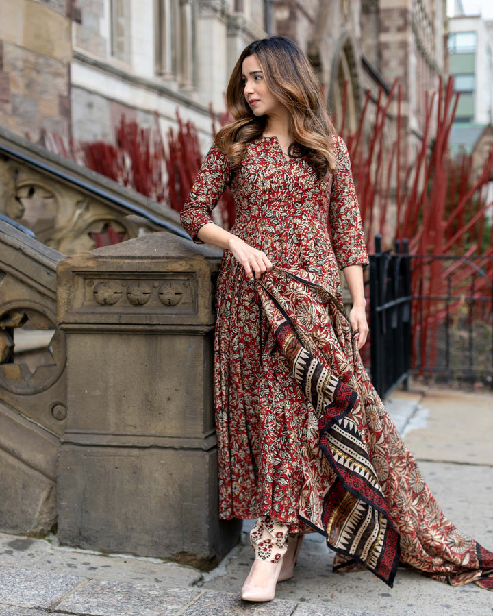 Women’s Maroon Kalamkari Floral Printed Cotton Anarkali Suit Set with Coordinating Dupatta