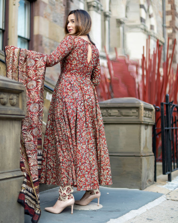 Women’s Maroon Kalamkari Floral Printed Cotton Anarkali Suit Set with Coordinating Dupatta