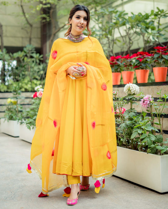 Women’s Bright Yellow Anarkali Suit Set with Hand-Painted Floral Organza Dupatta
