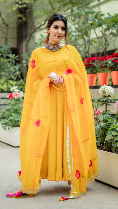 Women’s Bright Yellow Anarkali Suit Set with Hand-Painted Floral Organza Dupatta