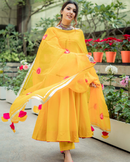 Women’s Bright Yellow Anarkali Suit Set with Hand-Painted Floral Organza Dupatta