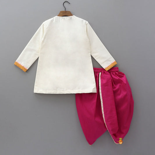 Baby Boys/Unisex Off-White & Magenta Full-Sleeves Angrakha Kurta with Dhoti Pants and Matching Cap Set
