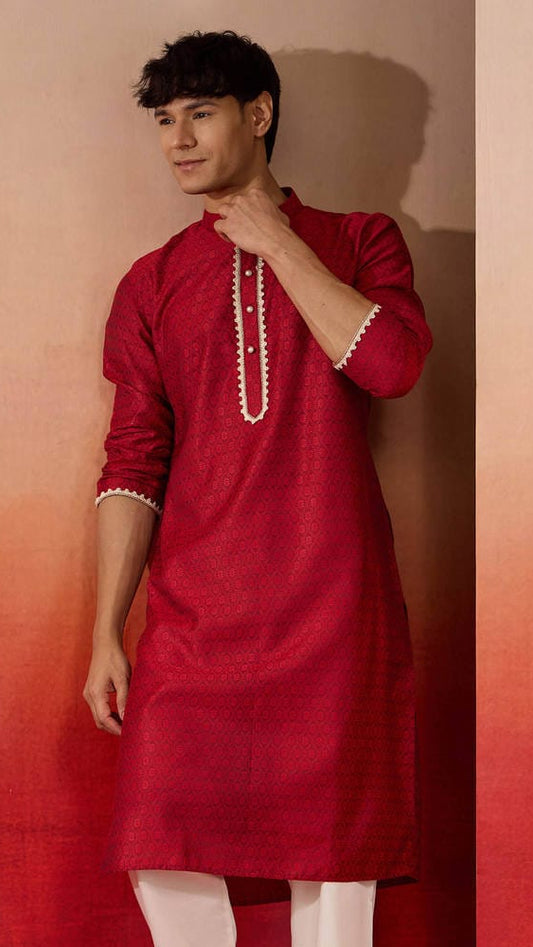 Men's Deep Red Printed Cotton Silk Straight Kurta with Off-White Lace Embellishment