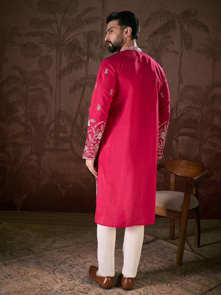Men's Magenta Silk Embroidered Straight Kurta with Floral Border & Sleeve Details