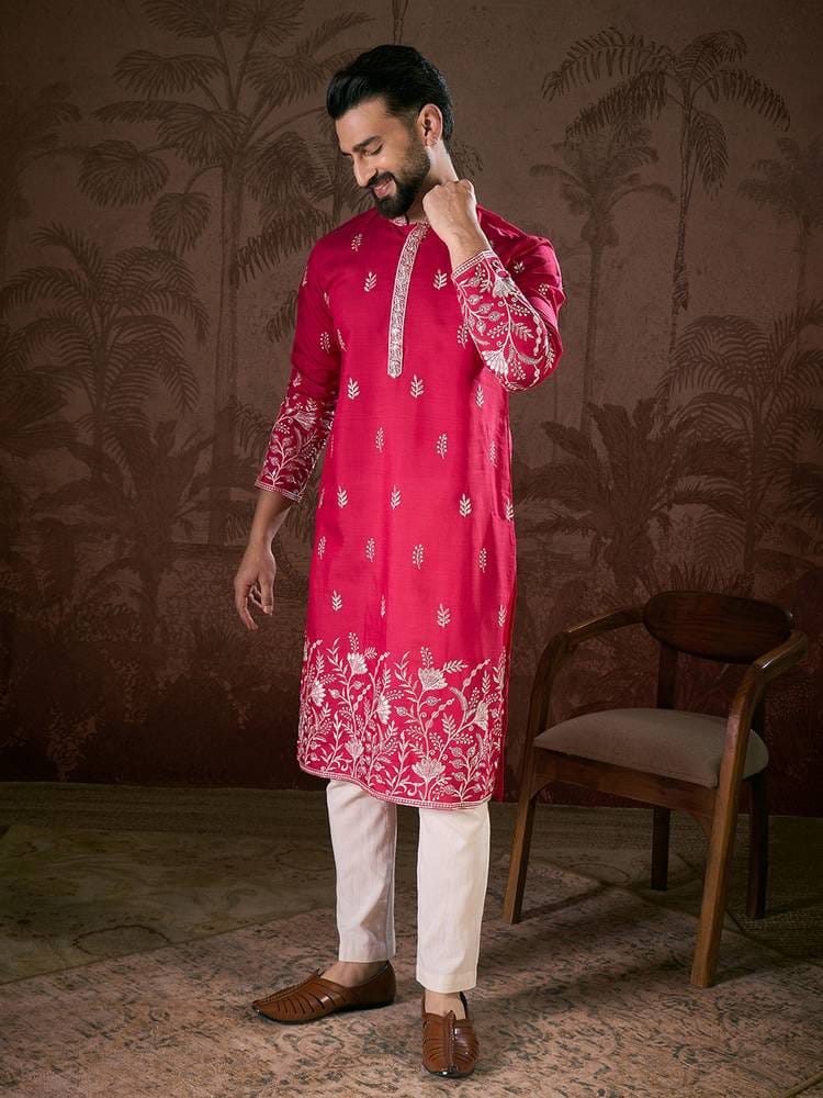 Men's Magenta Silk Embroidered Straight Kurta with Floral Border & Sleeve Details