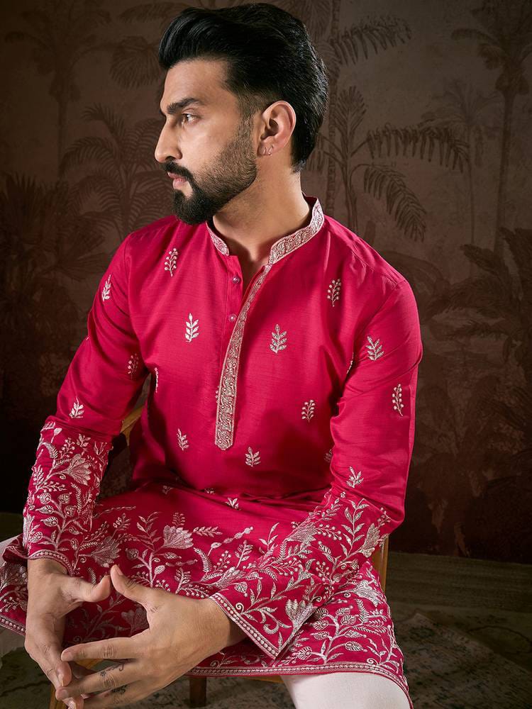 Men's Magenta Silk Embroidered Straight Kurta with Floral Border & Sleeve Details