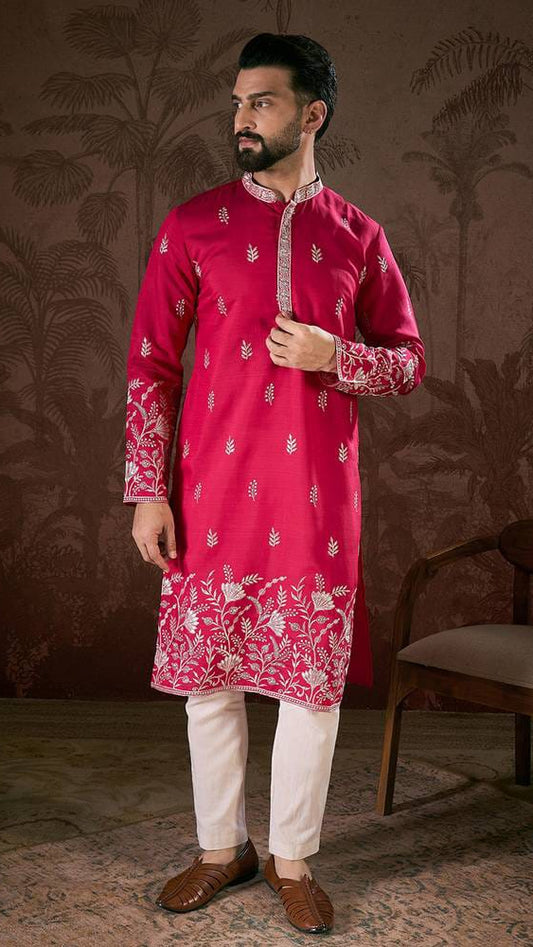 Men's Magenta Silk Embroidered Straight Kurta with Floral Border & Sleeve Details