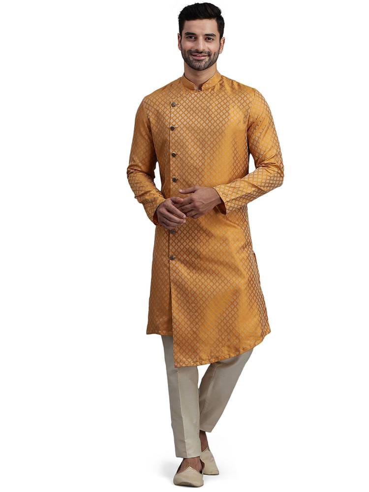 Men's Mustard Yellow Jacquard Silk Asymmetric Angrakha Kurta with Geometric Lattice Weave