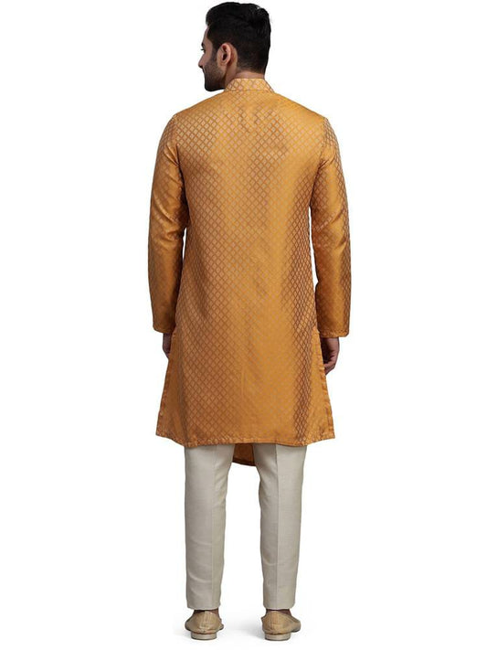 Men's Mustard Yellow Jacquard Silk Asymmetric Angrakha Kurta with Geometric Lattice Weave