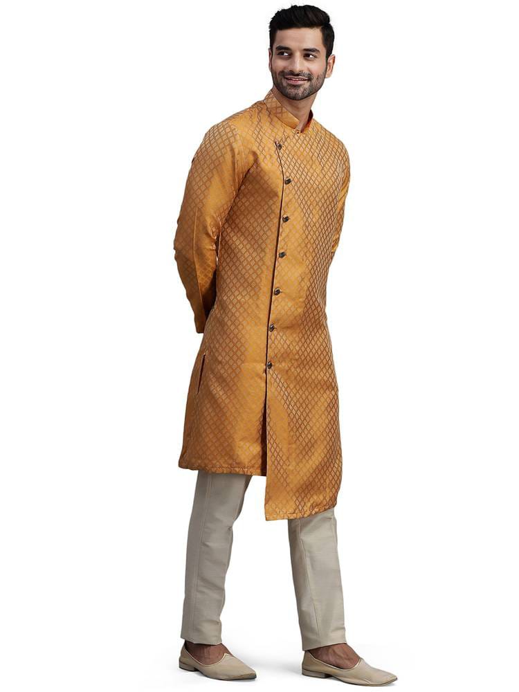 Men's Mustard Yellow Jacquard Silk Asymmetric Angrakha Kurta with Geometric Lattice Weave
