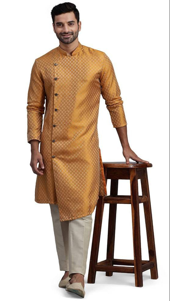 Men's Mustard Yellow Jacquard Silk Asymmetric Angrakha Kurta with Geometric Lattice Weave