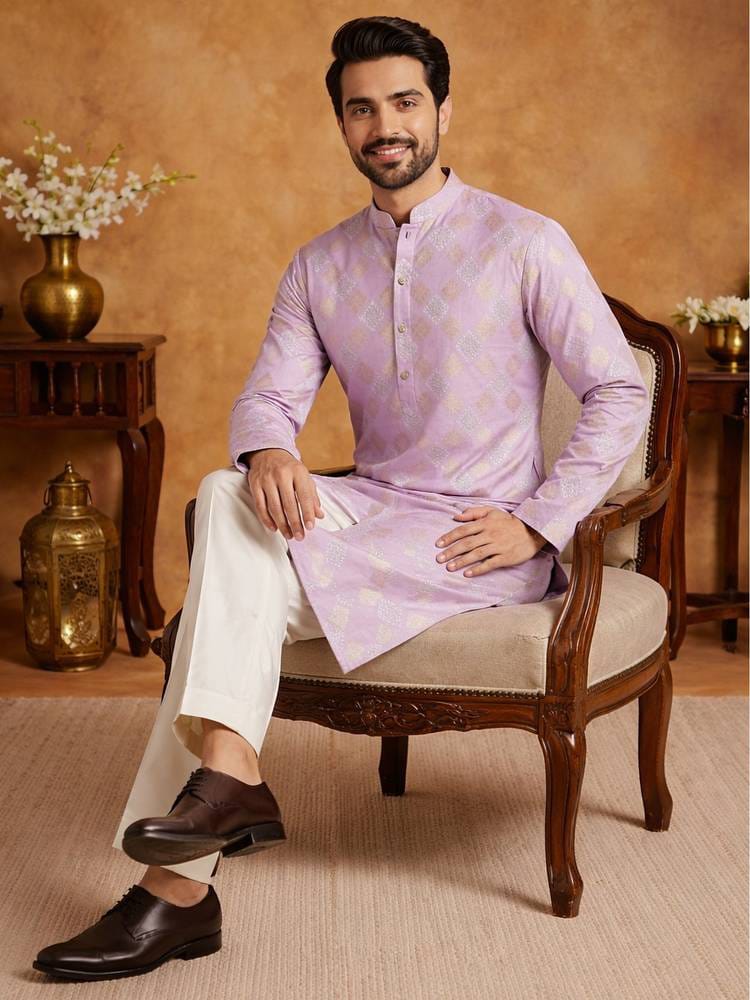 Men's Lavender Silk Jacquard Straight Kurta with Gold Geometric Motif Weave