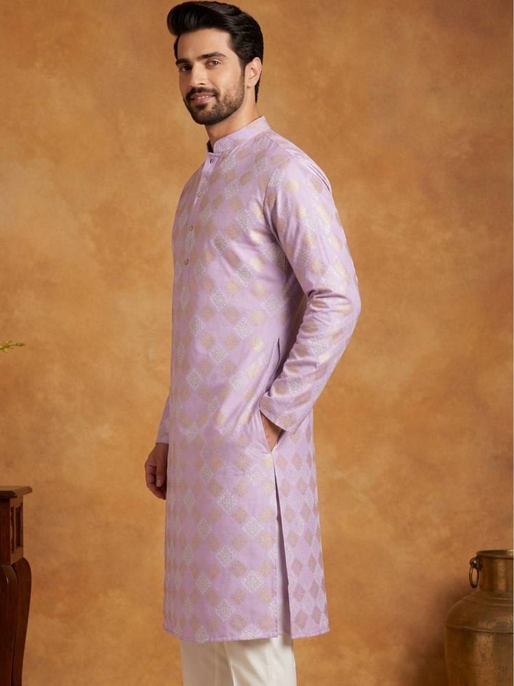 Men's Lavender Silk Jacquard Straight Kurta with Gold Geometric Motif Weave