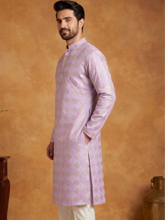Men's Lavender Silk Jacquard Straight Kurta with Gold Geometric Motif Weave