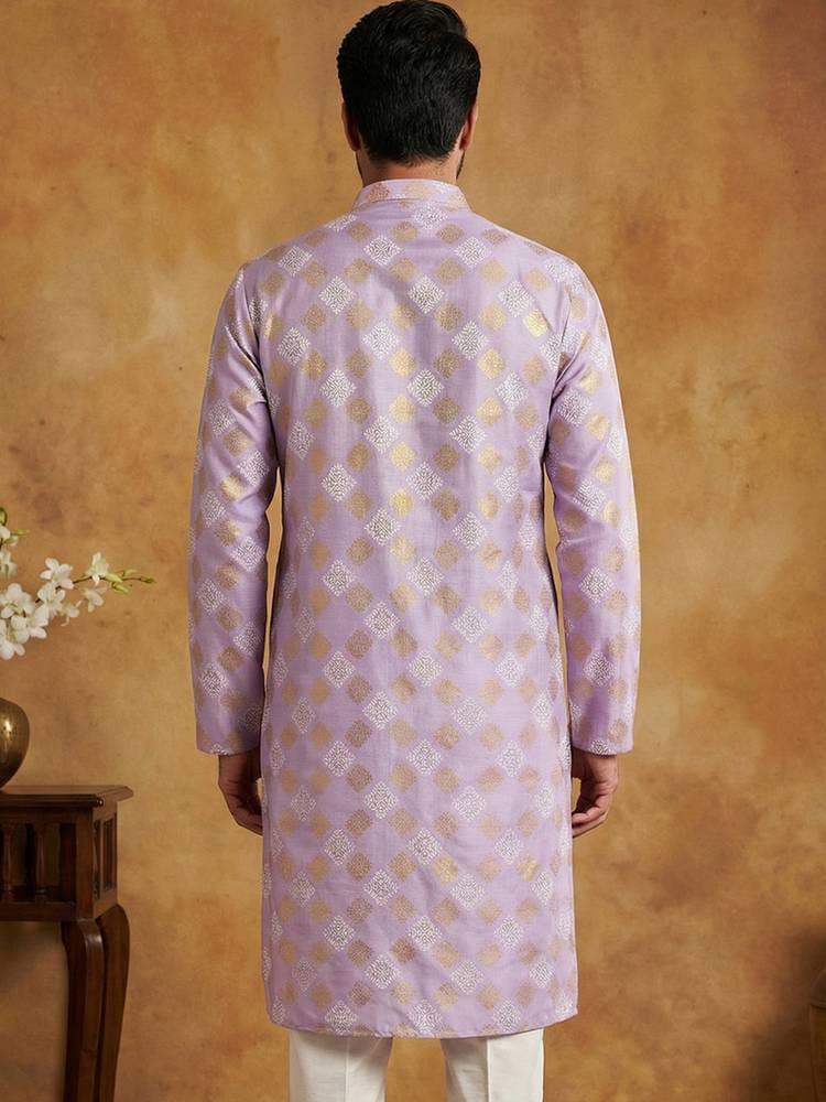 Men's Lavender Silk Jacquard Straight Kurta with Gold Geometric Motif Weave