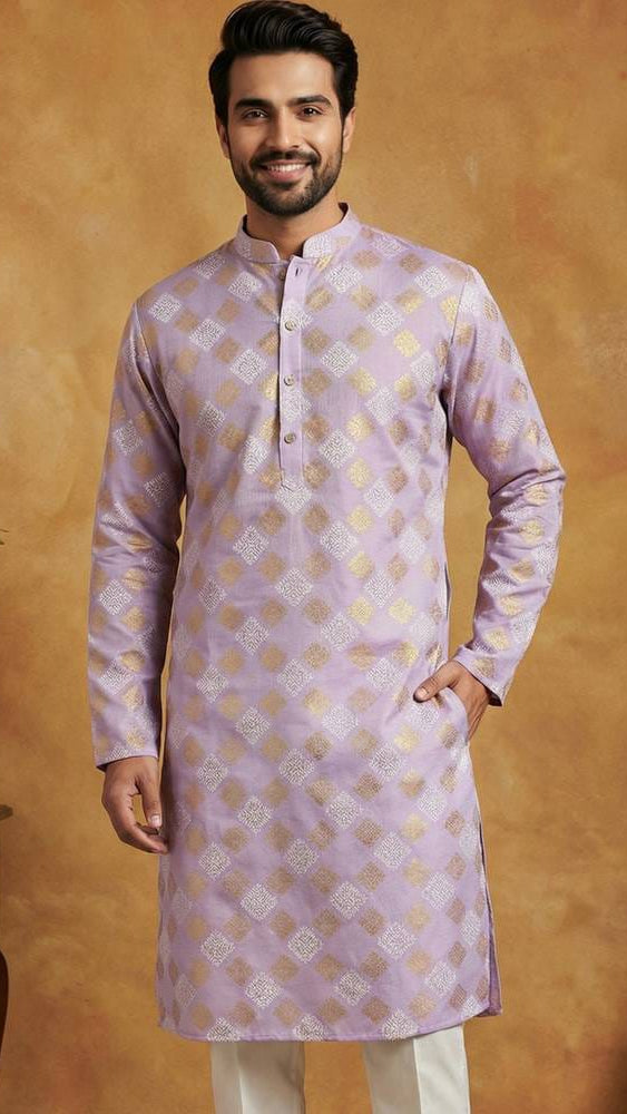 Men's Lavender Silk Jacquard Straight Kurta with Gold Geometric Motif Weave