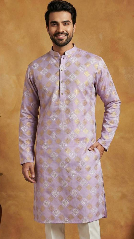 Men's Lavender Silk Jacquard Straight Kurta with Gold Geometric Motif Weave